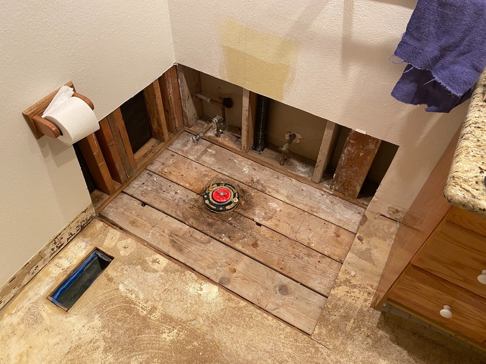 Bathroom wall opened during a remodel